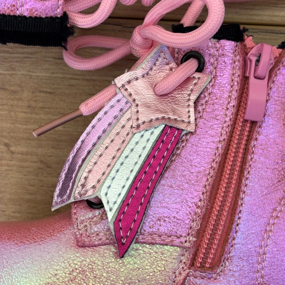 OLIVIA MILLER GIRL Crystal Sky Combat Boots Pink Kids Size 5 Metallic Lace Up